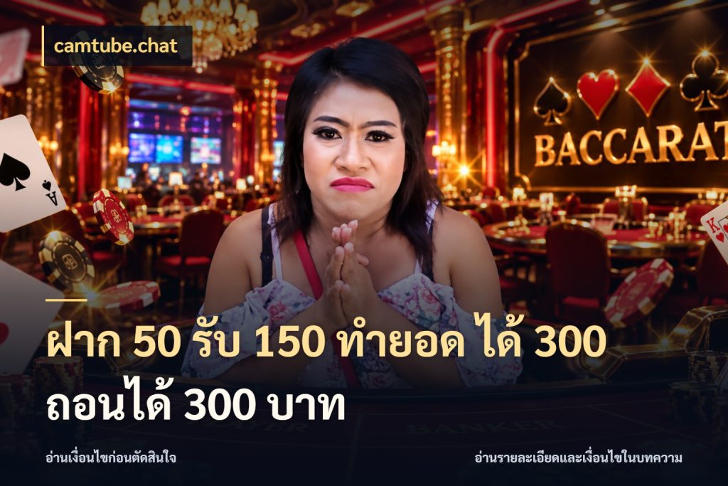 ฝาก 50 รับ 150 ทํายอด ได้ 300 ถอนได้ 300 บาท สีสันของโปรฝากและยอดรับ กับ camtube.chat